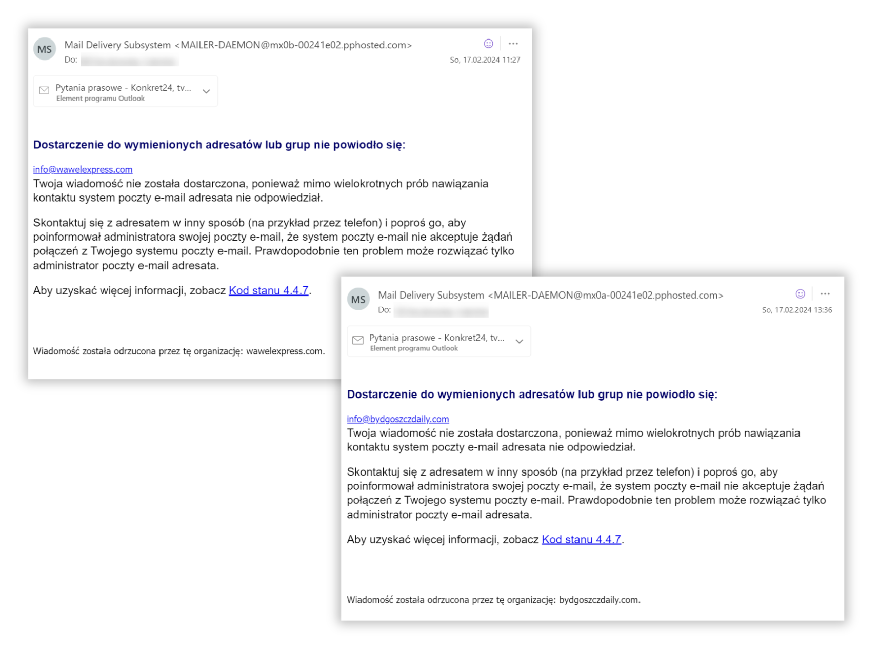 Pytania Konkret24 wysłane do redakcji Bydgoszcz Daily i Wawel Express nie dotarły do adresatów