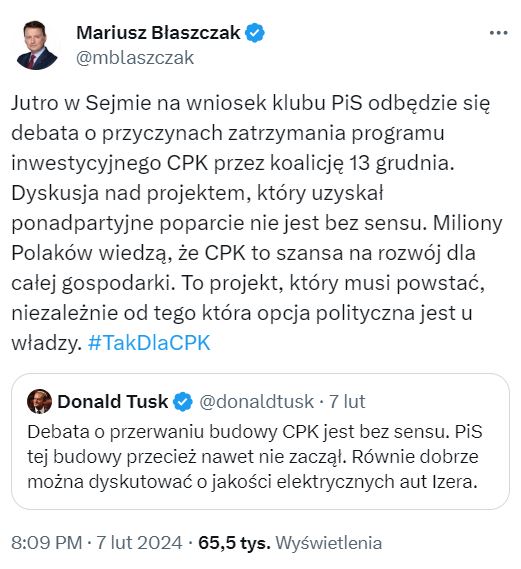 Wpis Mariusza Błaszczaka o "ponadpartyjnym poparciu" w sprawie CPK.