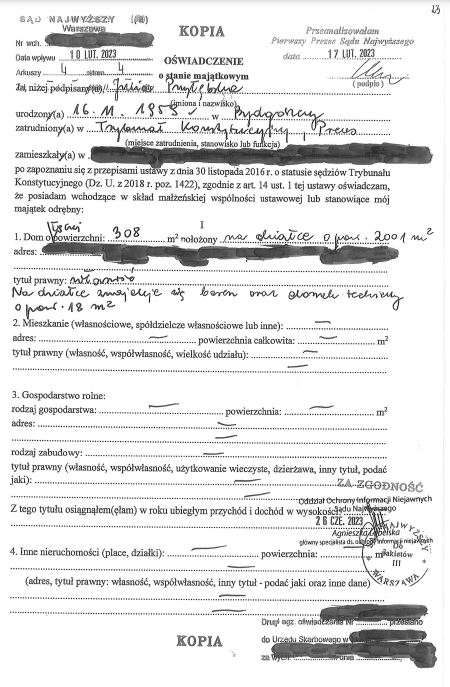 Fragment oświadczenia majątkowego Julii Przyłębskiej 