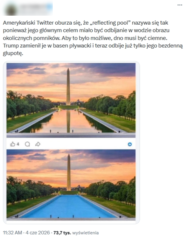 Przekaz o rzekomych efektach renowacji Stawu Lincolna w Waszyngtonie wyświetlono ponad 73 tys. razy