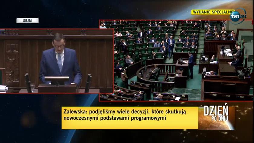 Mateusz Morawiecki podczas sejmowej debaty nad wotum nieufności dla szefowej MEN