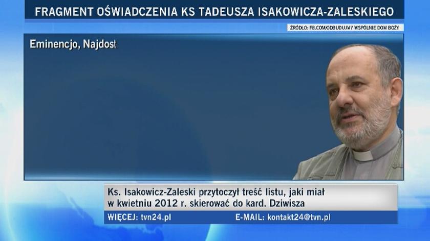Ksiądz Isakowicz-Zaleski przytoczył treść listu do kardynała Dziwisza